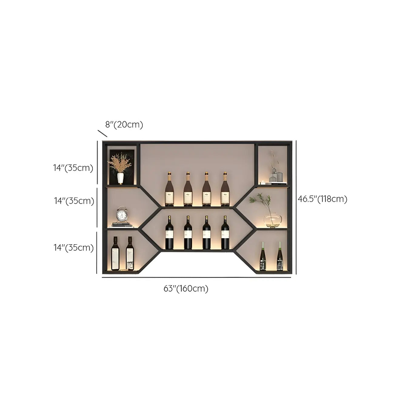 Black Metal Wall-Mounted Lighted Wine Rack
