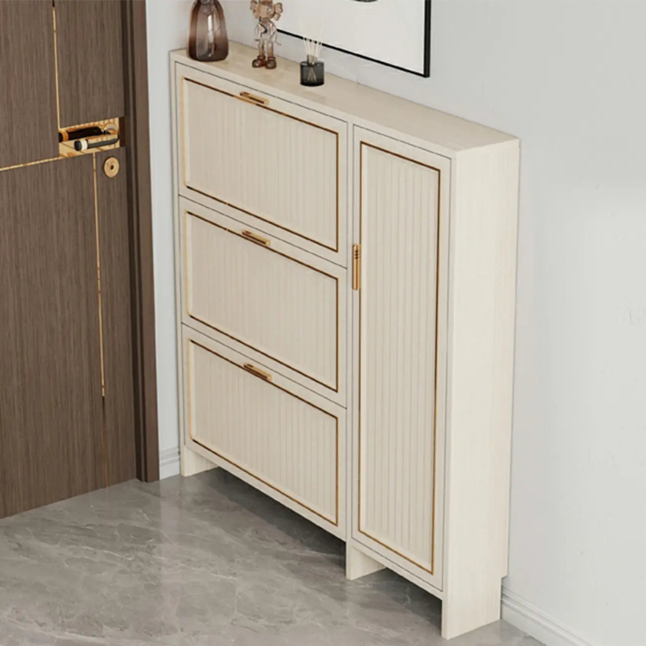 Metal White Drop Front Shoe Cabinet with Textured Panels