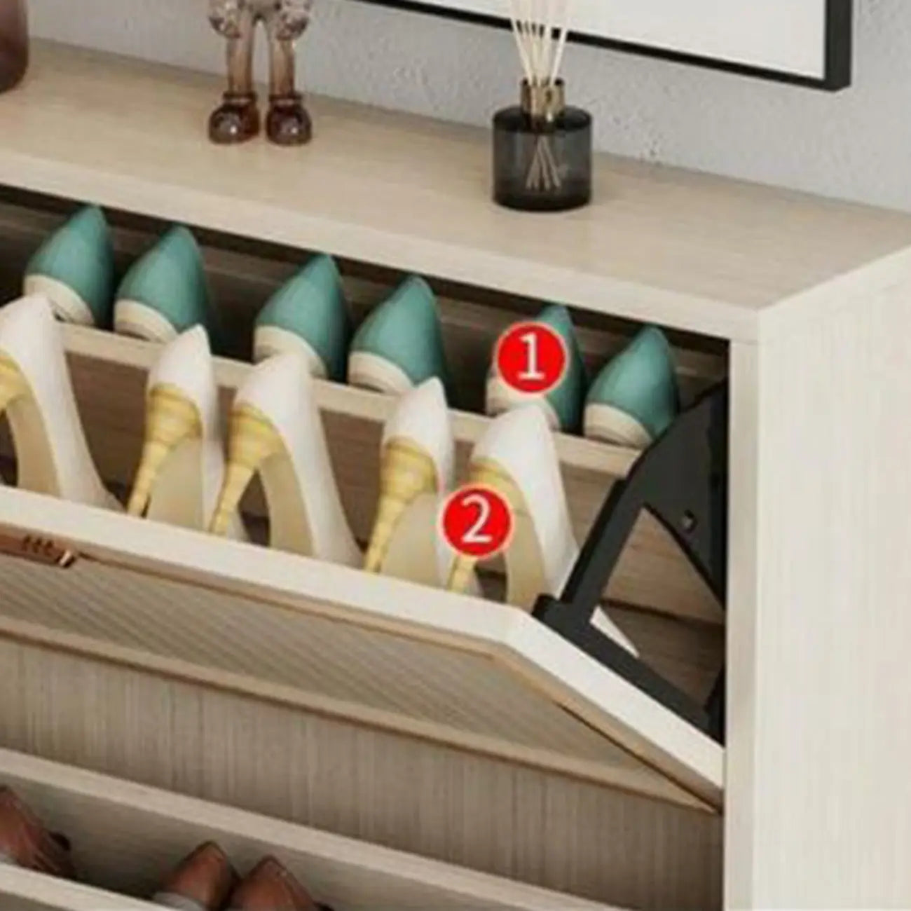 Metal White Drop Front Shoe Cabinet with Textured Panels