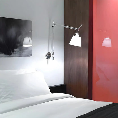 Industrial Silver Swing Arm Wall Light with White Fabric Shade
