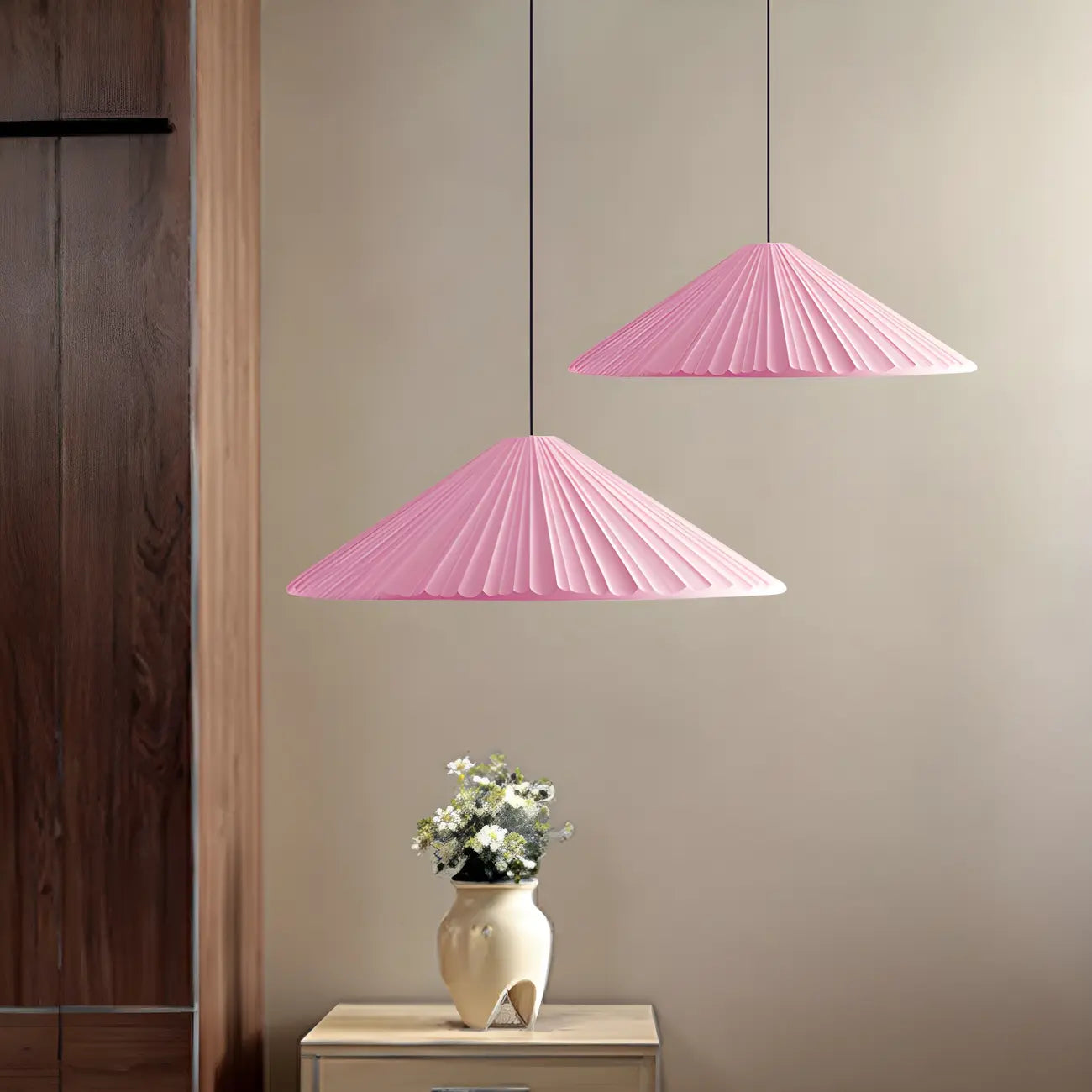 Nordic Pink Ribbed Umbrella Shape Indoor Pendant Light