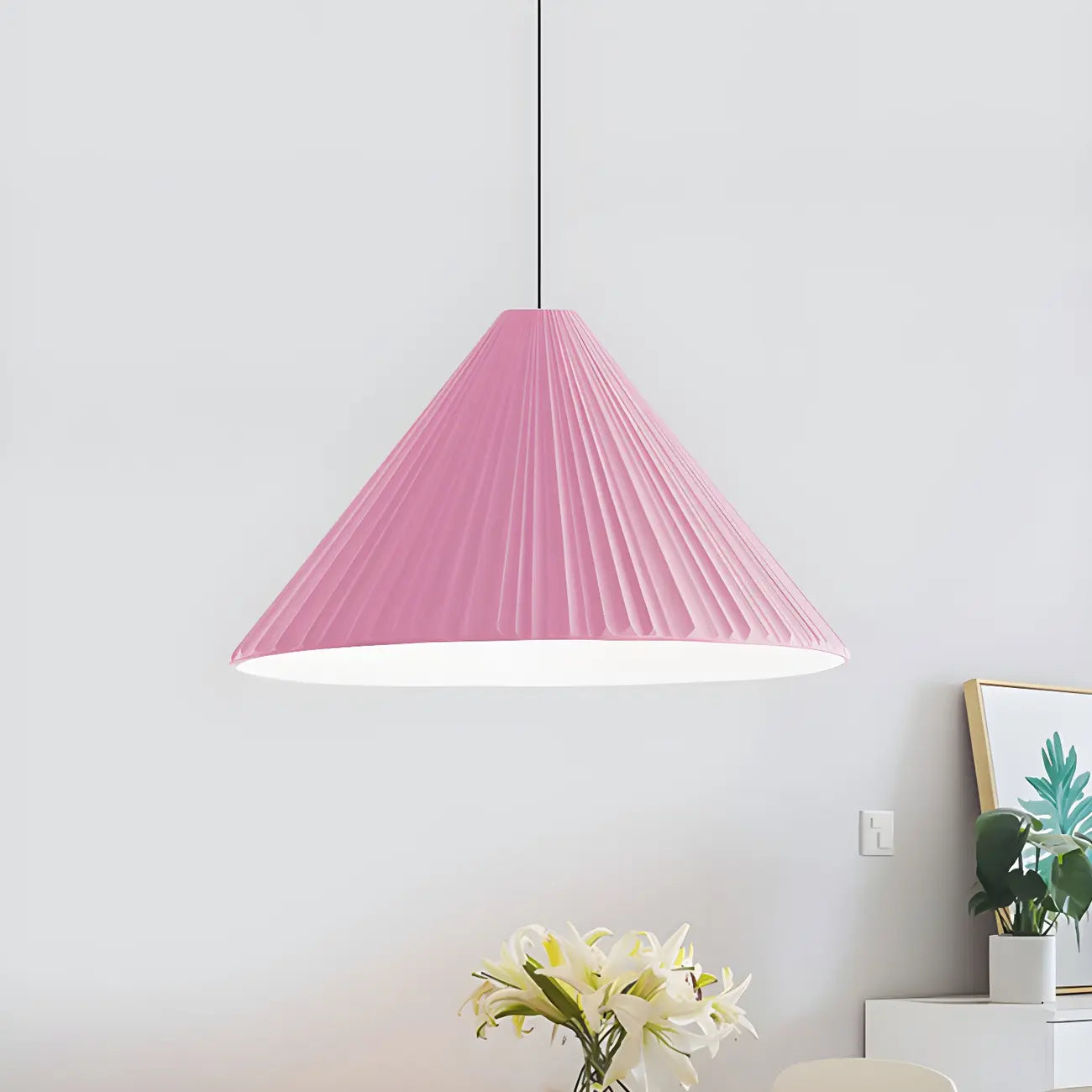 Nordic Pink Ribbed Umbrella Shape Indoor Pendant Light