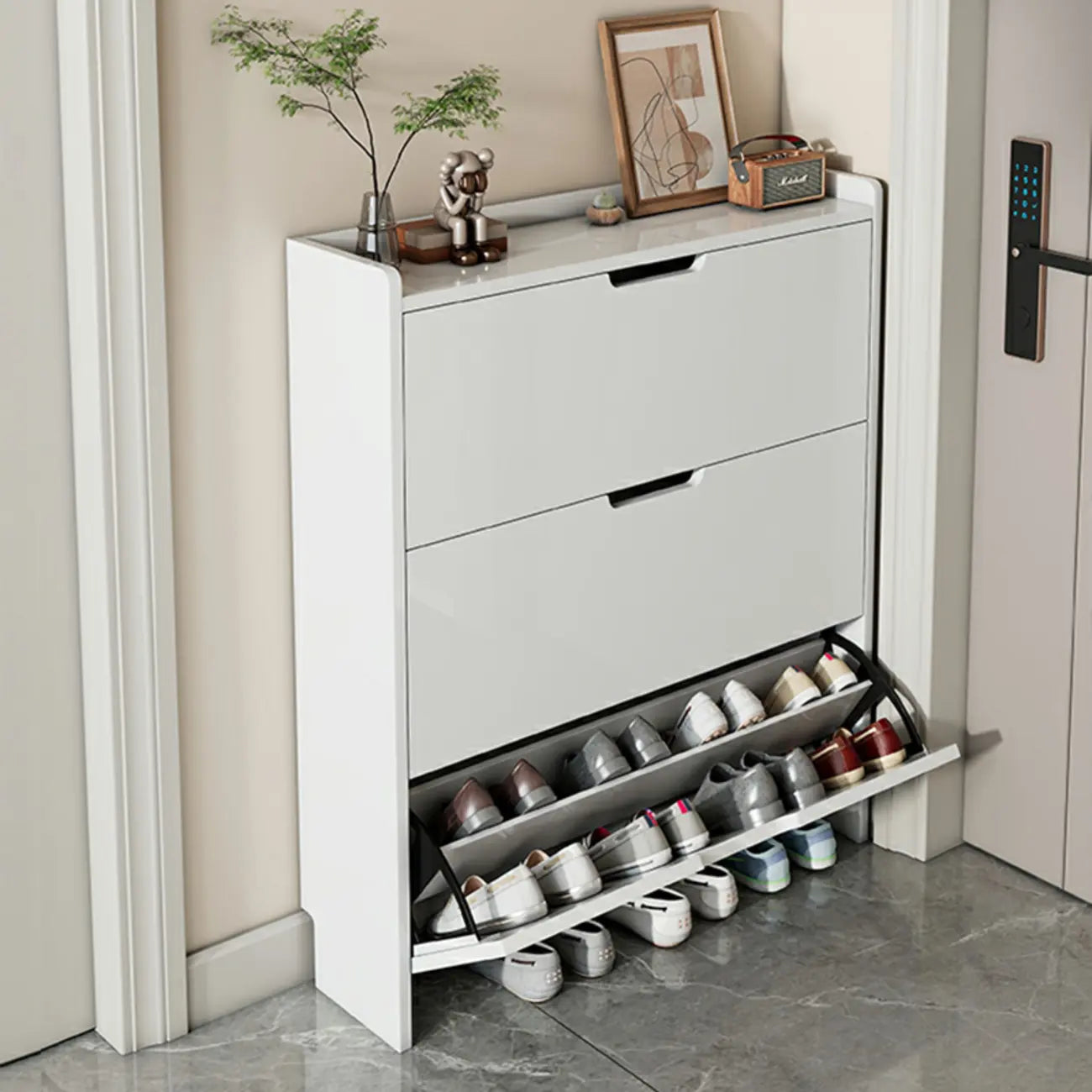 3-Tier White Wood Shoe Cabinet with Drop Front