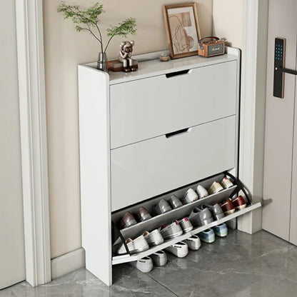 3-Tier White Wood Shoe Cabinet with Drop Front