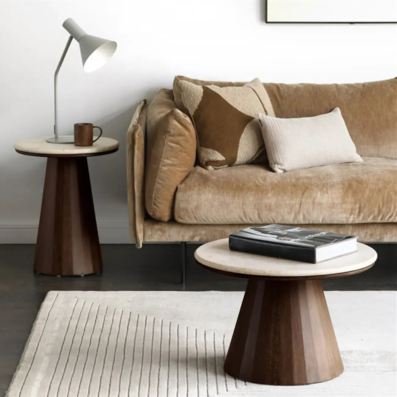 Minimalist Brown Stone-Top Wood Round Coffee Table