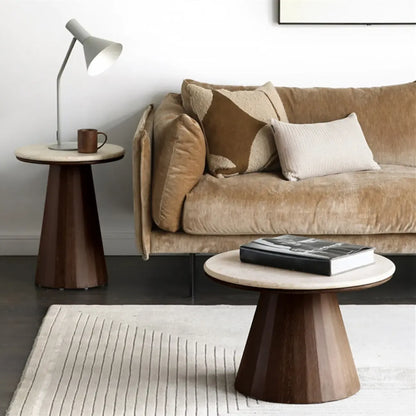Minimalist Brown Stone-Top Wood Round Coffee Table