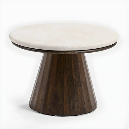 Minimalist Brown Stone-Top Wood Round Coffee Table