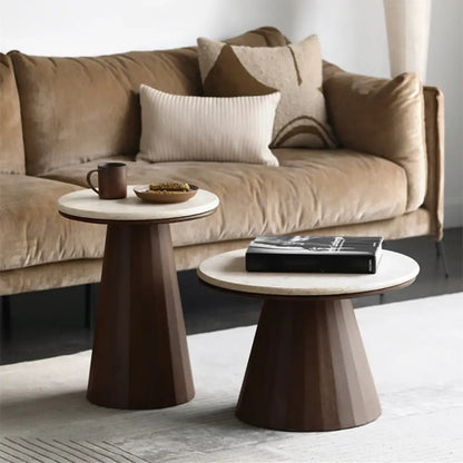 Minimalist Brown Stone-Top Wood Round Coffee Table