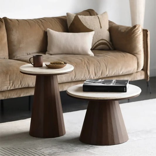 Minimalist Brown Stone-Top Wood Round Coffee Table
