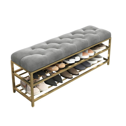 Gray Upholstered Shoe Rack with Gold Frame for Entryway