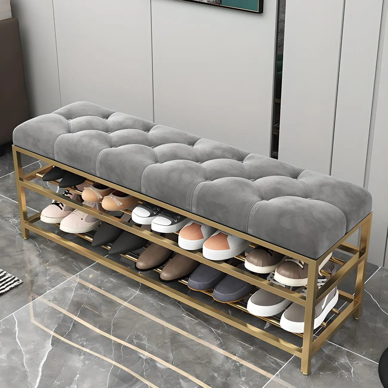 Gray Upholstered Shoe Rack with Gold Frame for Entryway