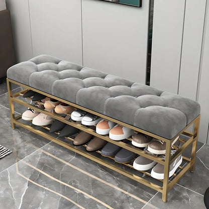 Gray Upholstered Shoe Rack with Gold Frame for Entryway