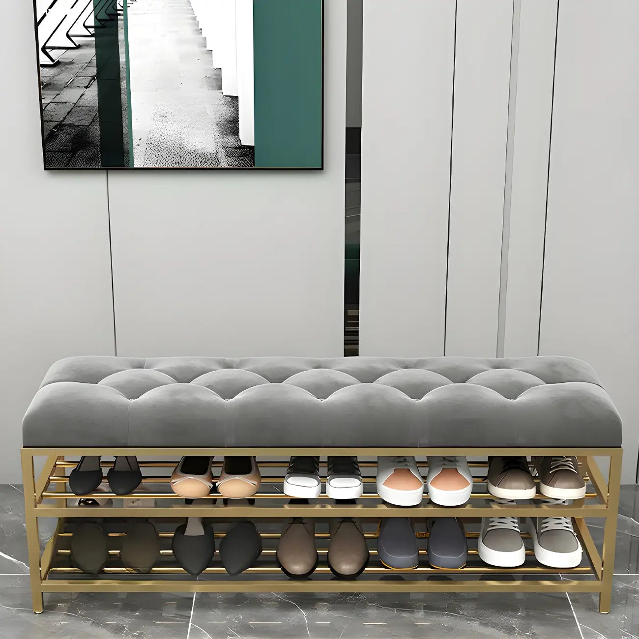 Gray Upholstered Shoe Rack with Gold Frame for Entryway