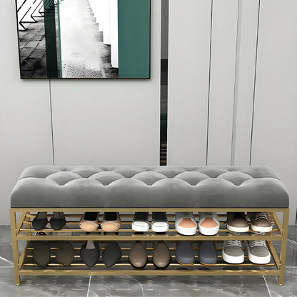 Gray Upholstered Shoe Rack with Gold Frame for Entryway