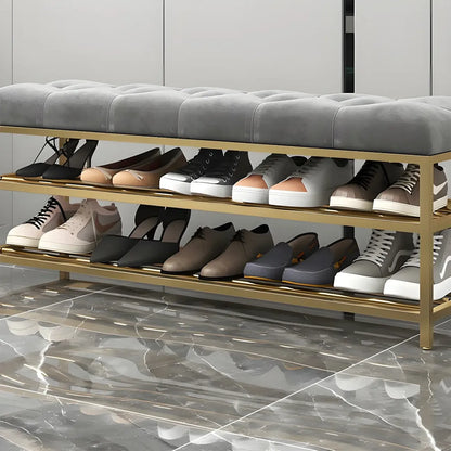 Gray Upholstered Shoe Rack with Gold Frame for Entryway