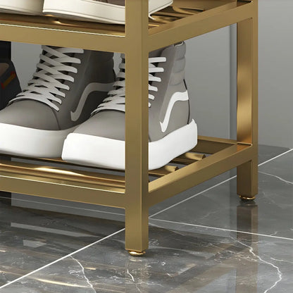Gray Upholstered Shoe Rack with Gold Frame for Entryway