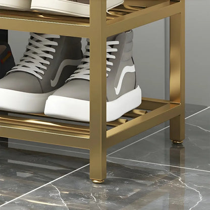 Gray Upholstered Shoe Rack with Gold Frame for Entryway