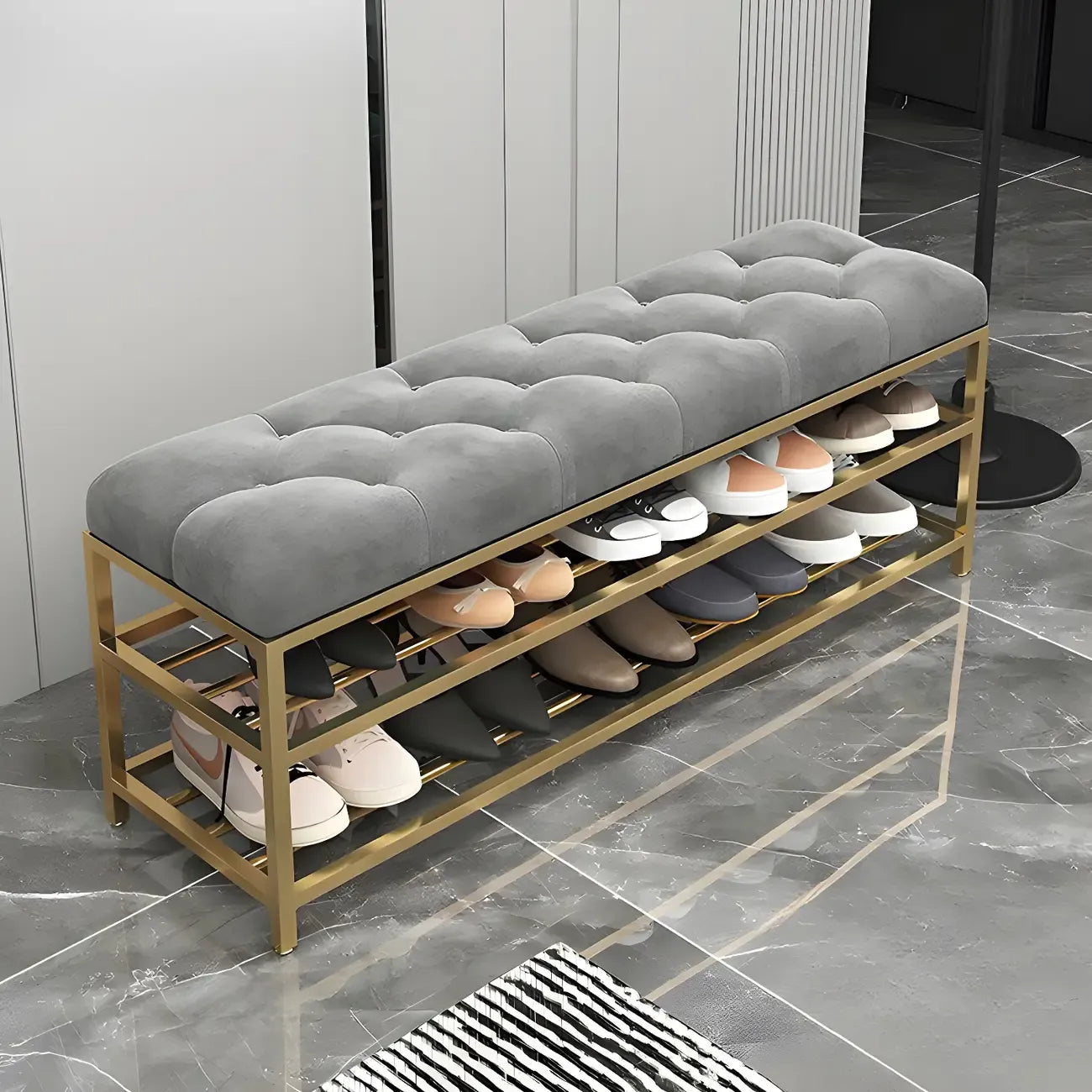 Gray Upholstered Shoe Rack with Gold Frame for Entryway