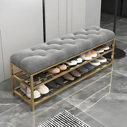 Gray Upholstered Shoe Rack with Gold Frame for Entryway