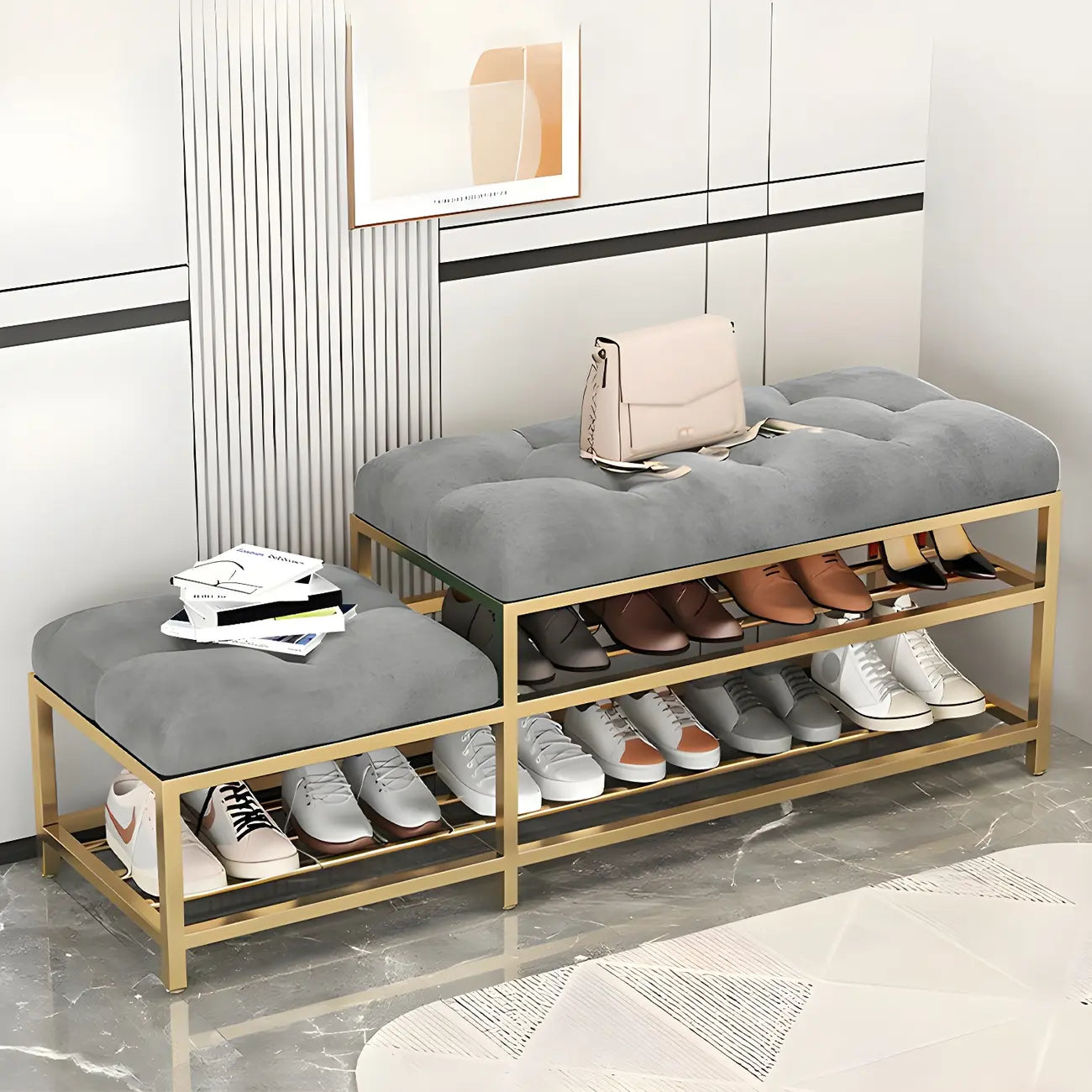 Gray Upholstered Shoe Rack with Gold Frame for Entryway