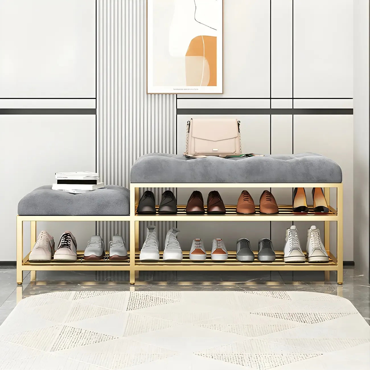 Gray Upholstered Shoe Rack with Gold Frame for Entryway
