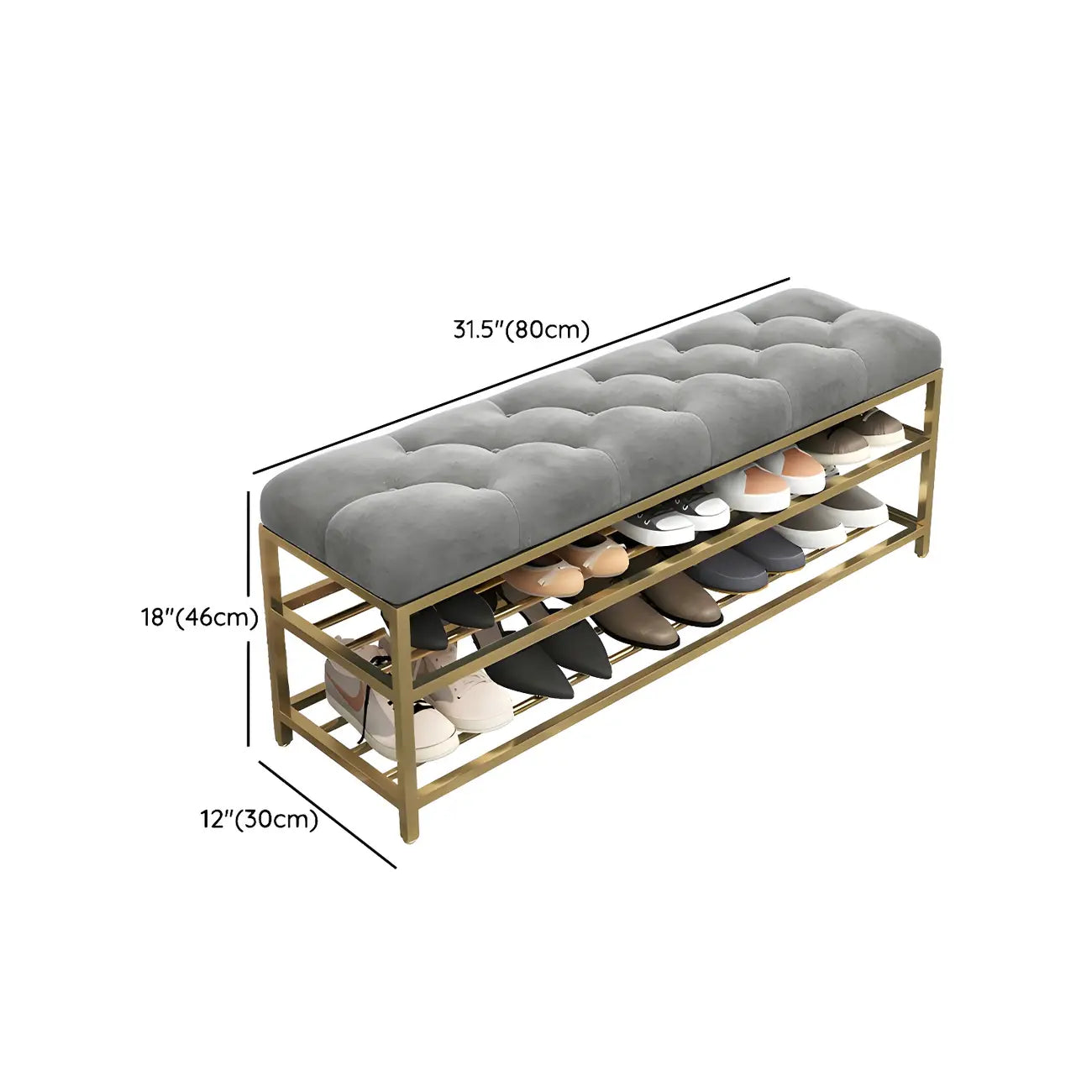 Gray Upholstered Shoe Rack with Gold Frame for Entryway