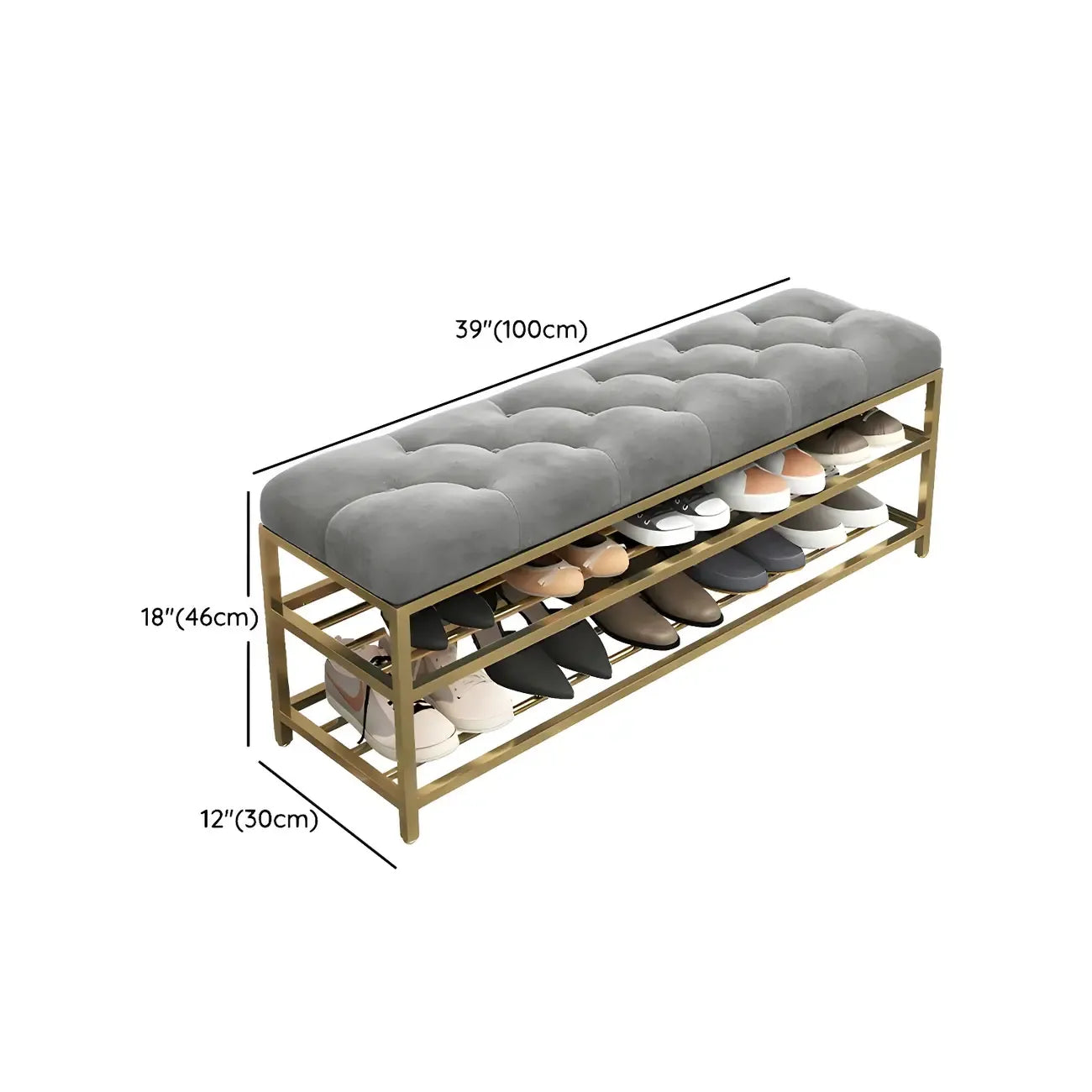 Gray Upholstered Shoe Rack with Gold Frame for Entryway