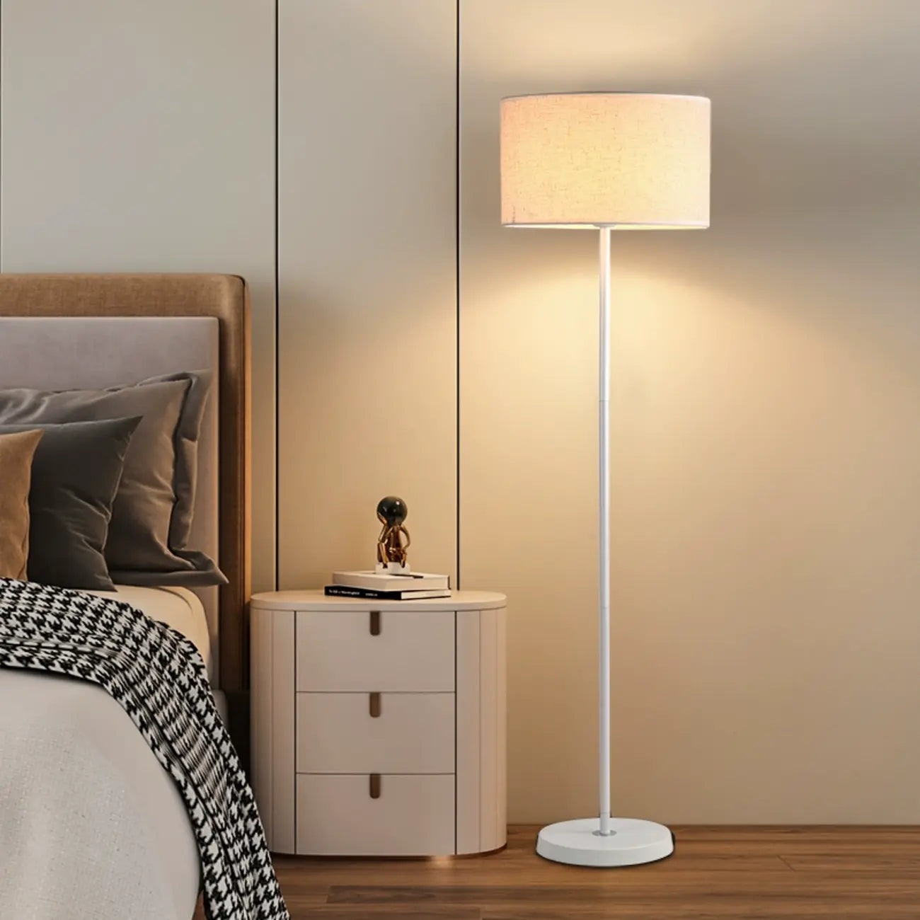 55 Modern Fabric Barrel Black Metal Floor Lamp