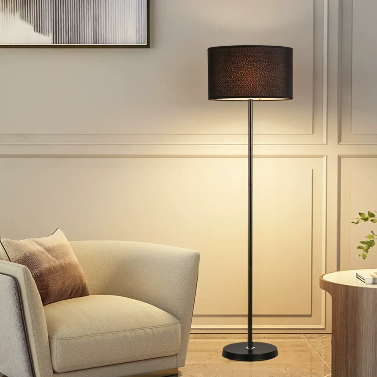 55 Modern Fabric Barrel Black Metal Floor Lamp