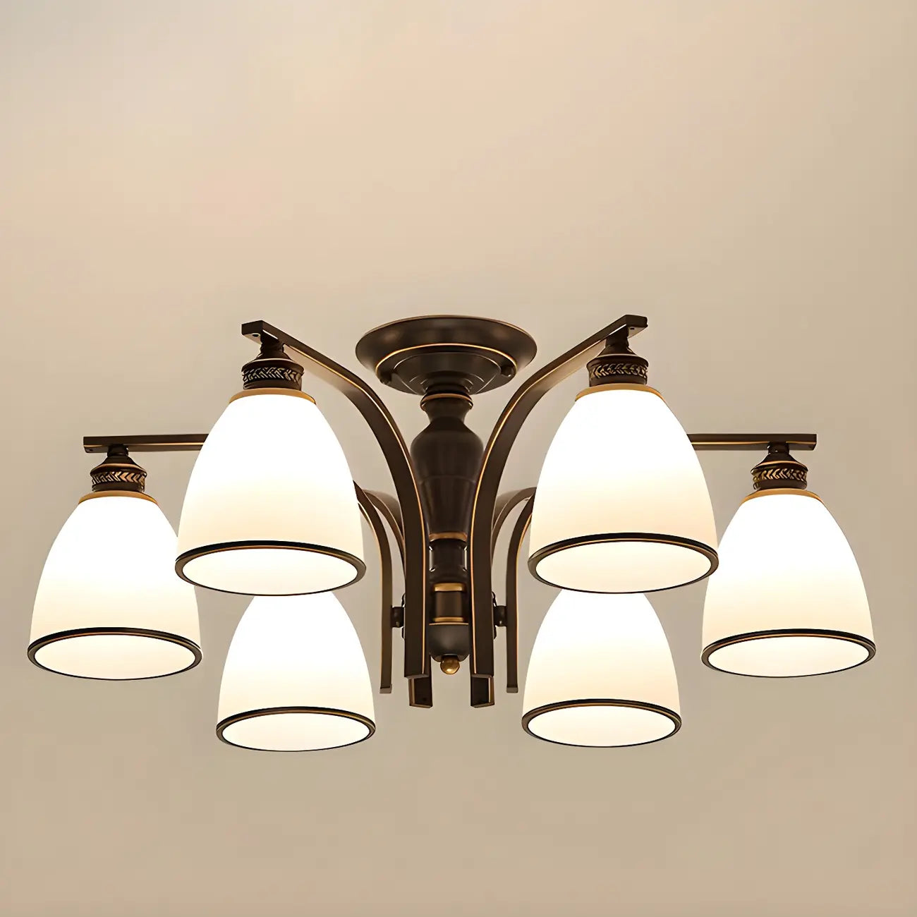 Traditional Black Down Bell Frosted Glass Semi Flush Mount Light