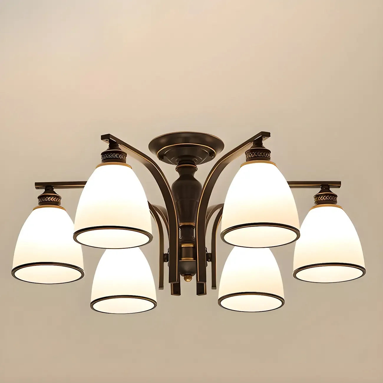 Traditional Black Down Bell Frosted Glass Semi Flush Mount Light