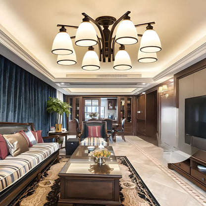 Traditional Black Down Bell Frosted Glass Semi Flush Mount Light