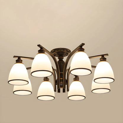 Traditional Black Down Bell Frosted Glass Semi Flush Mount Light