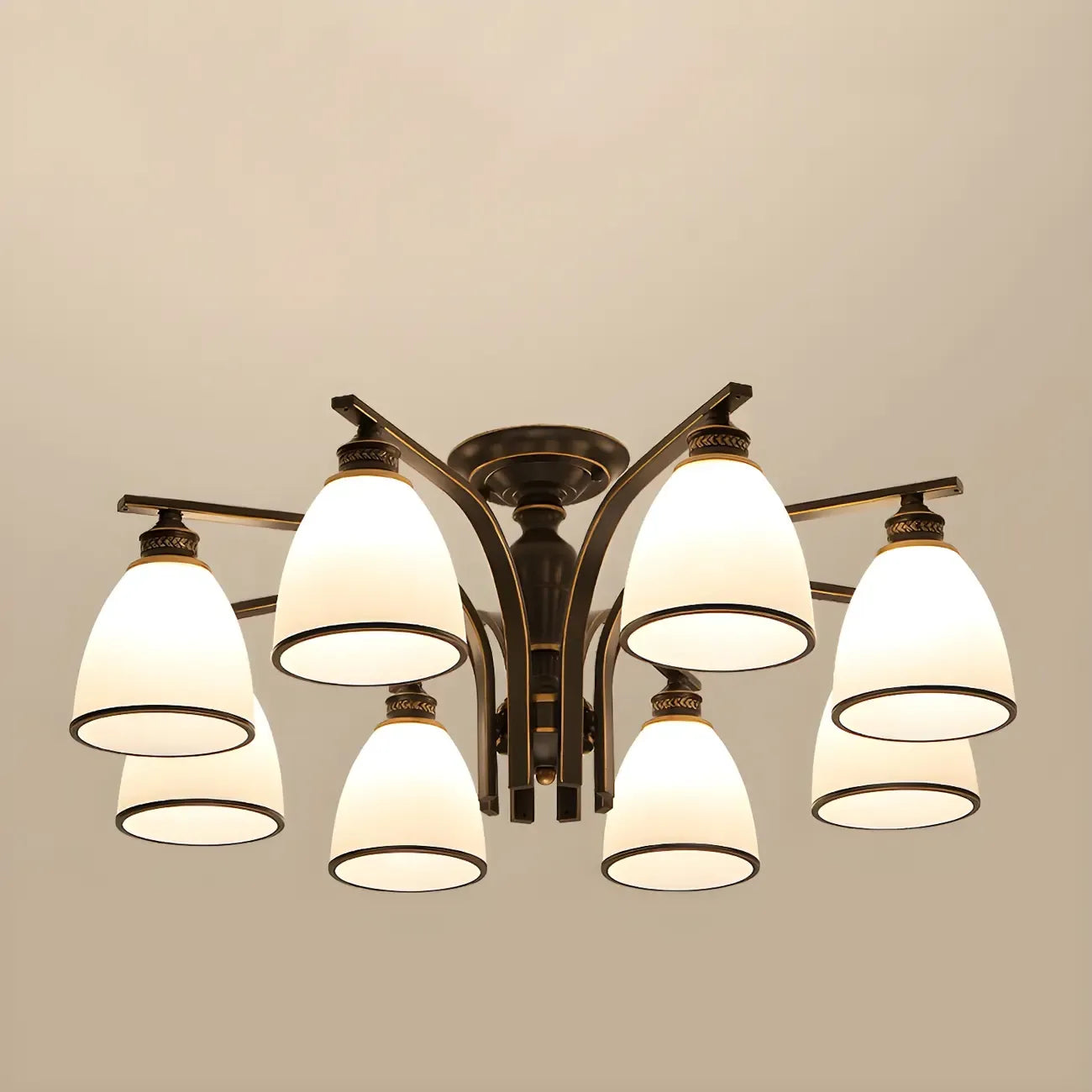 Traditional Black Down Bell Frosted Glass Semi Flush Mount Light