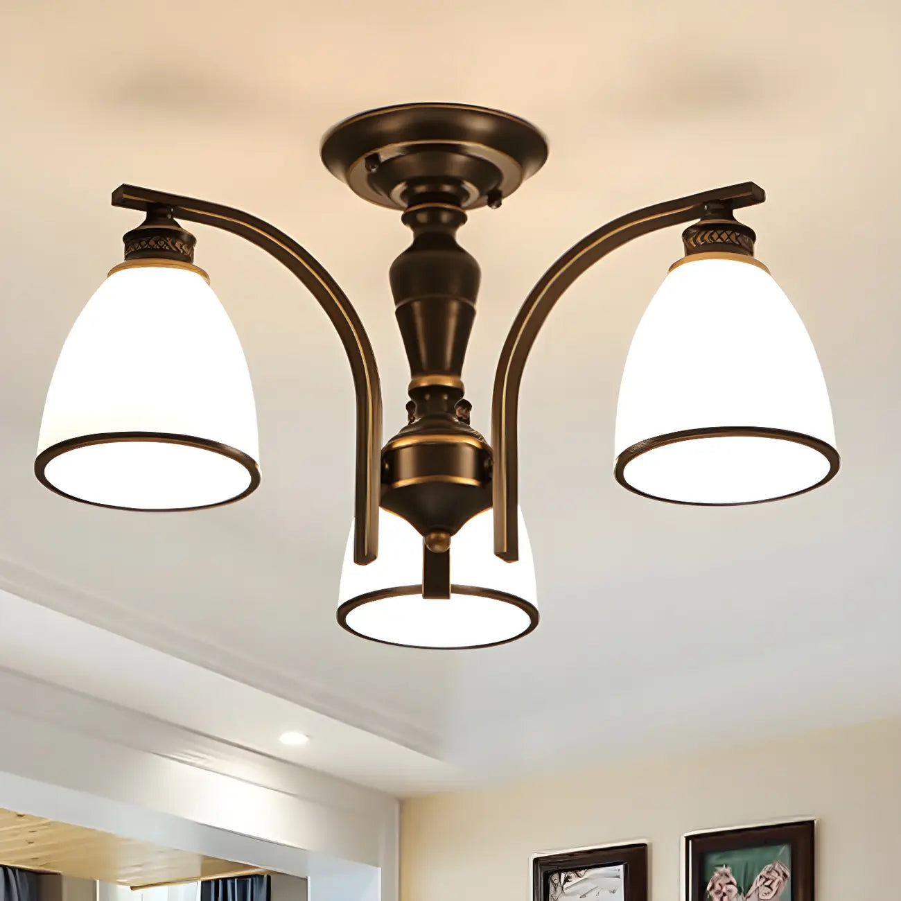 Traditional Black Down Bell Frosted Glass Semi Flush Mount Light