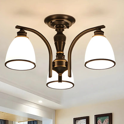 Traditional Black Down Bell Frosted Glass Semi Flush Mount Light