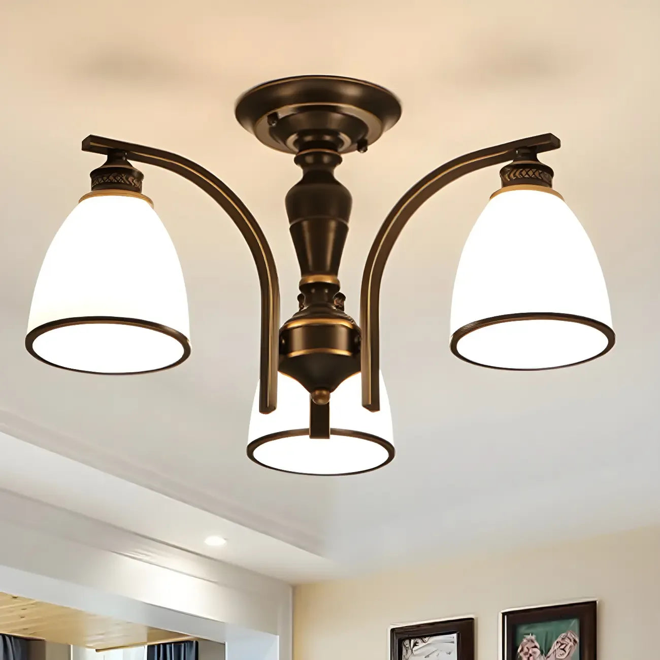 Traditional Black Down Bell Frosted Glass Semi Flush Mount Light