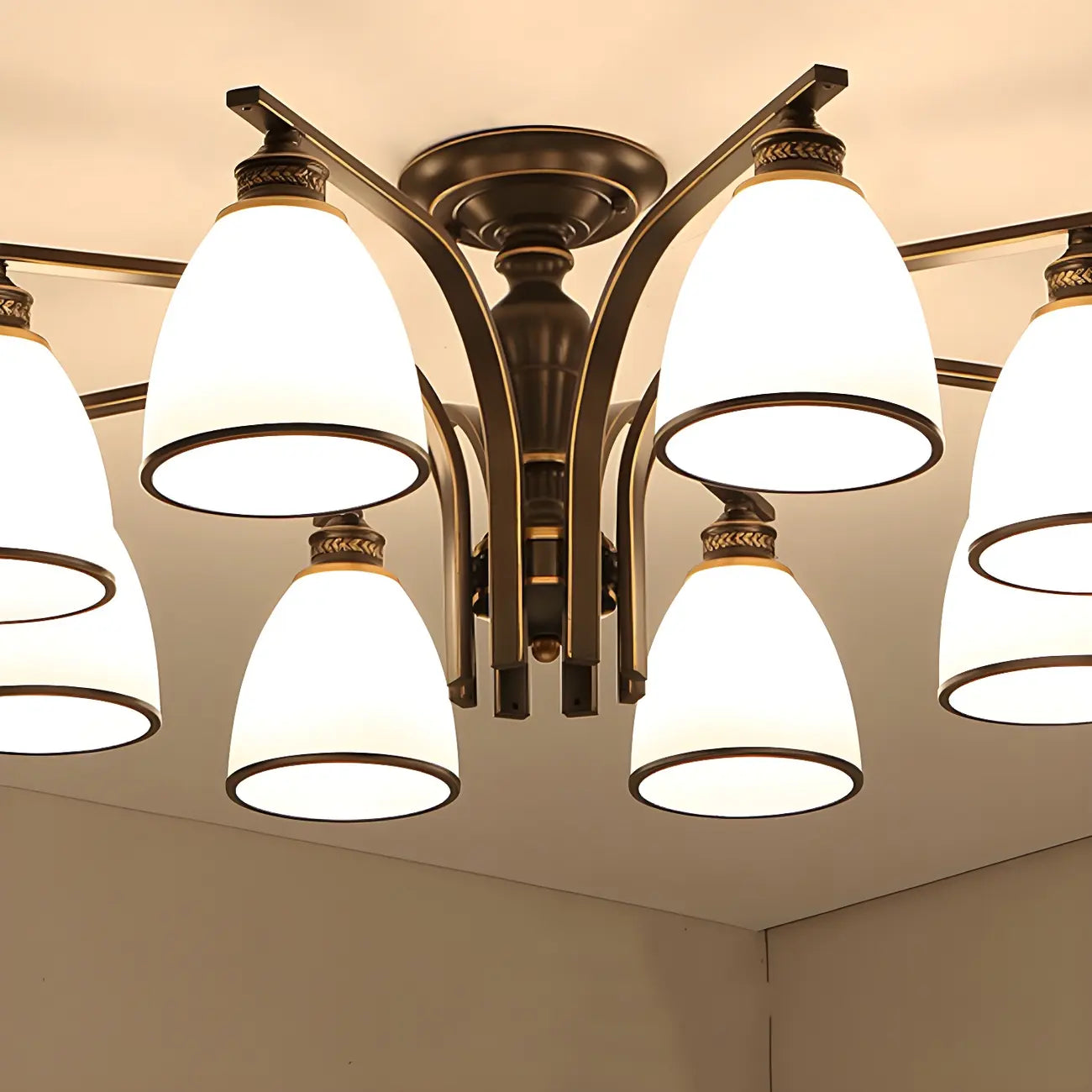 Traditional Black Down Bell Frosted Glass Semi Flush Mount Light