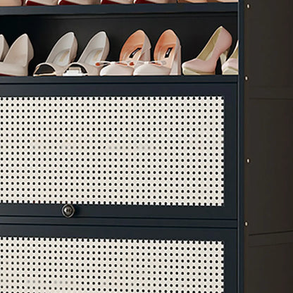 Modern Black Bamboo Shoe Cabinet with Rattan Panels
