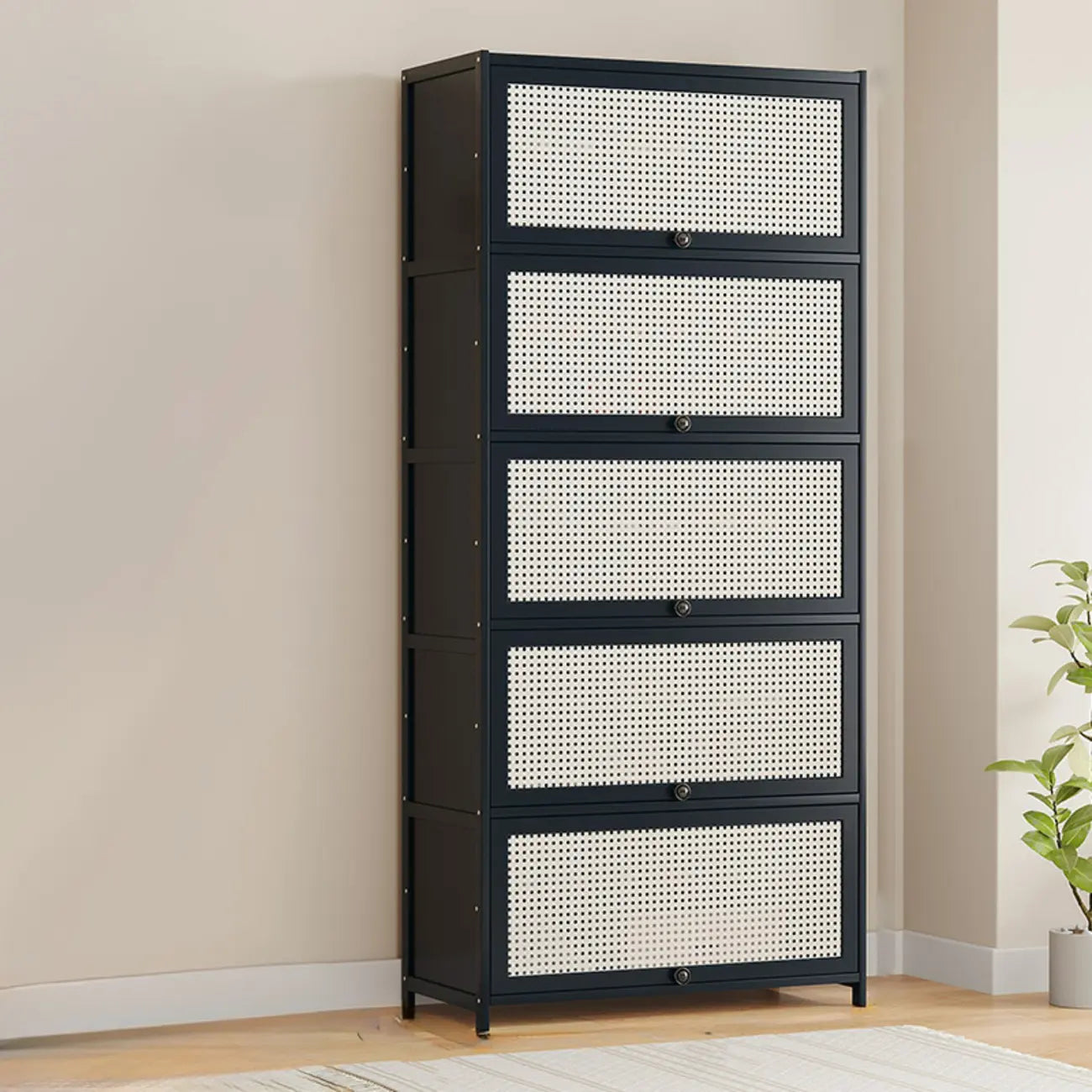 Modern Black Bamboo Shoe Cabinet with Rattan Panels