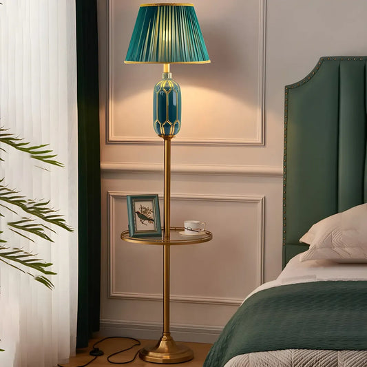 Luxurious Vertical Green Fabric Pleated Floor Lamp with Shelf