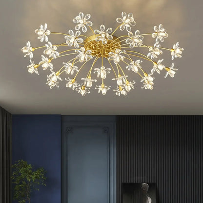 Modern Floral Crystal Golden Semi Flush Ceiling Light