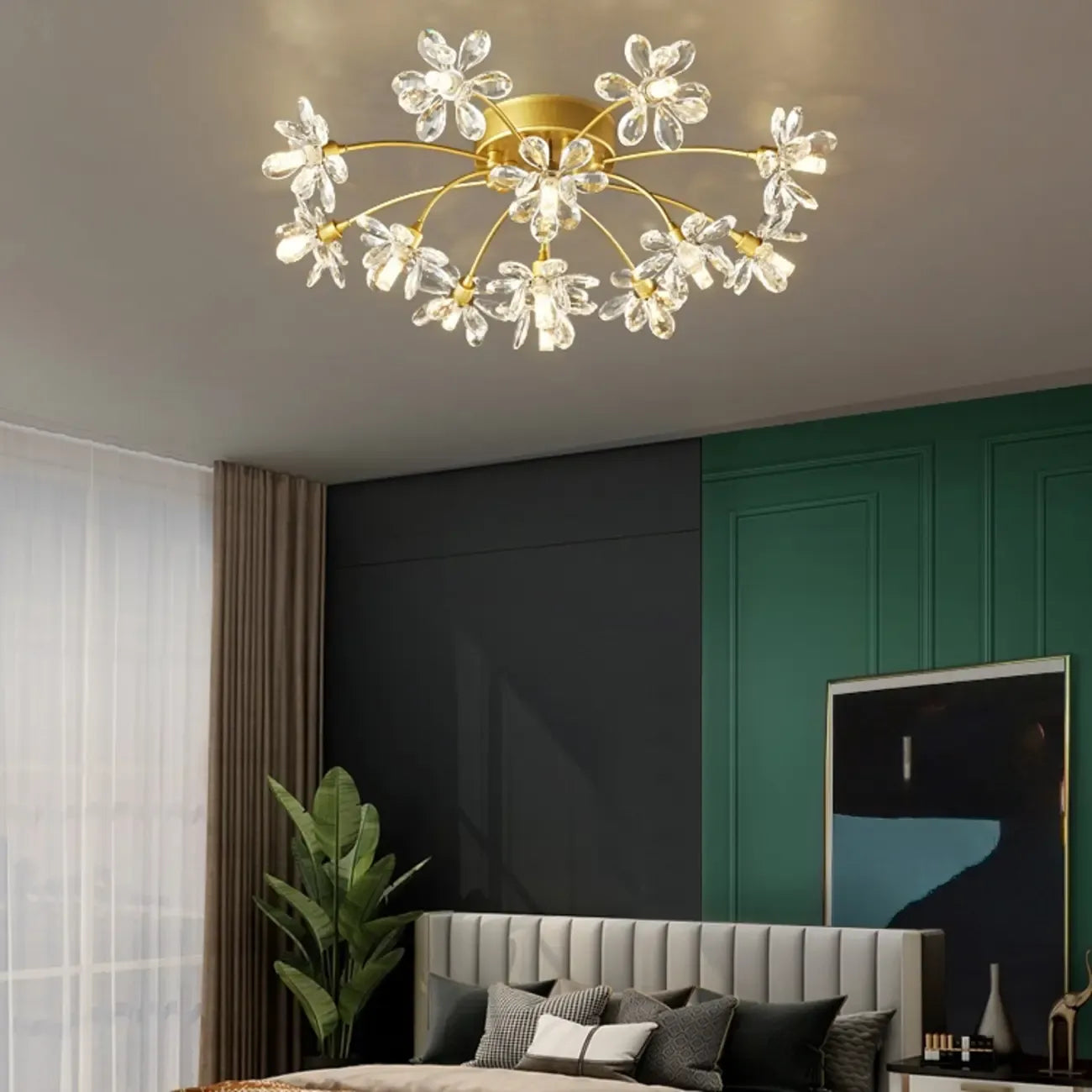 Modern Floral Crystal Golden Semi Flush Ceiling Light