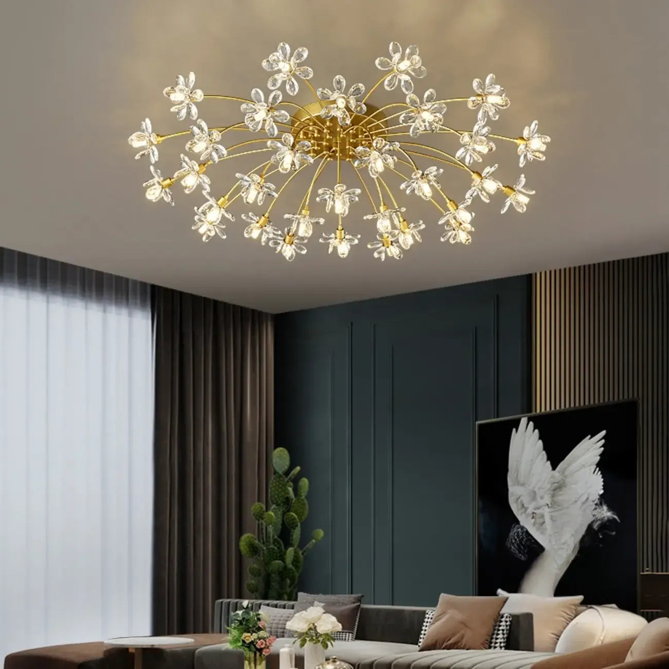 Modern Floral Crystal Golden Semi Flush Ceiling Light