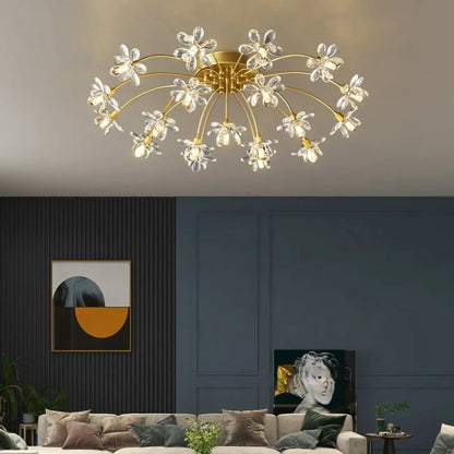 Modern Floral Crystal Golden Semi Flush Ceiling Light
