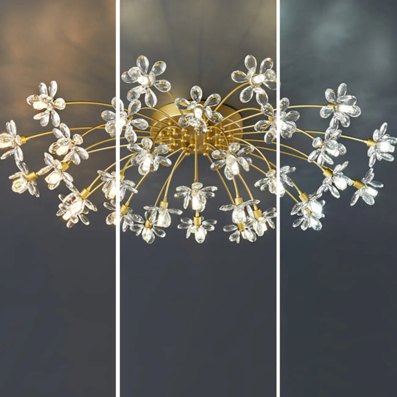 Modern Floral Crystal Golden Semi Flush Ceiling Light