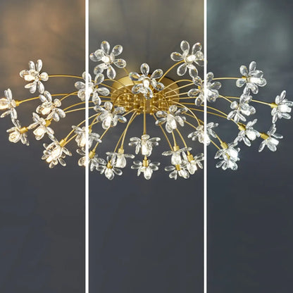 Modern Floral Crystal Golden Semi Flush Ceiling Light