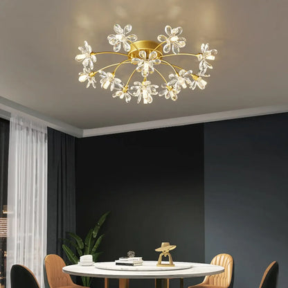 Modern Floral Crystal Golden Semi Flush Ceiling Light