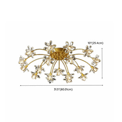 Modern Floral Crystal Golden Semi Flush Ceiling Light