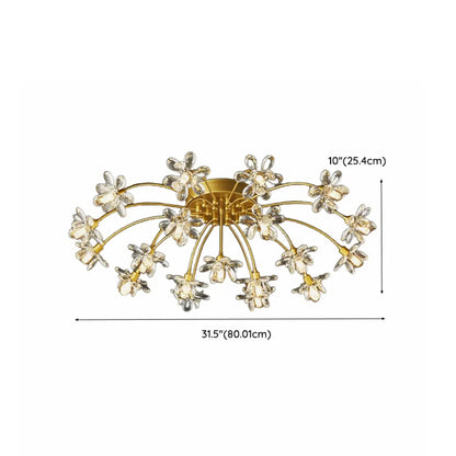 Modern Floral Crystal Golden Semi Flush Ceiling Light